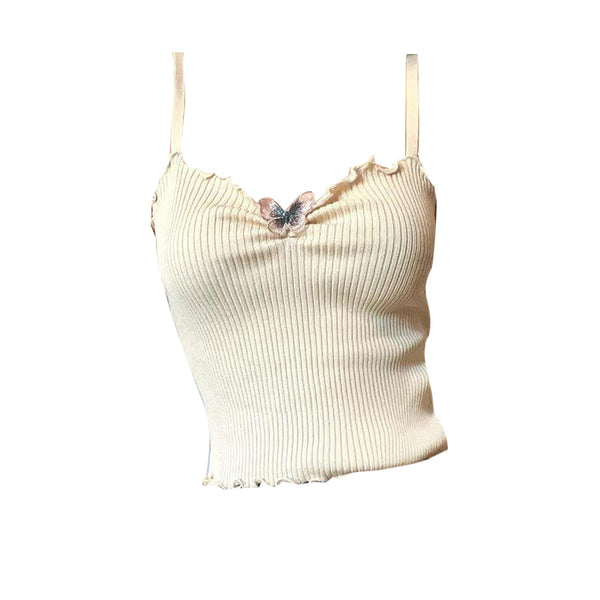 Haut camisole côtelé à volants et motif papillon 