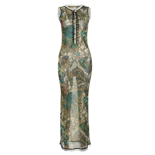 Robe longue sans manches à col ras du cou et à lacets en maille transparente | Robe Samba 