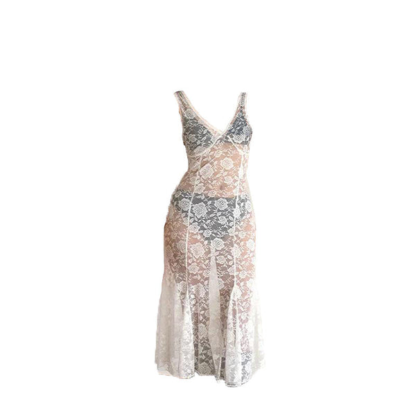 Robe midi transparente en dentelle à motif rose sans manches et col en V 