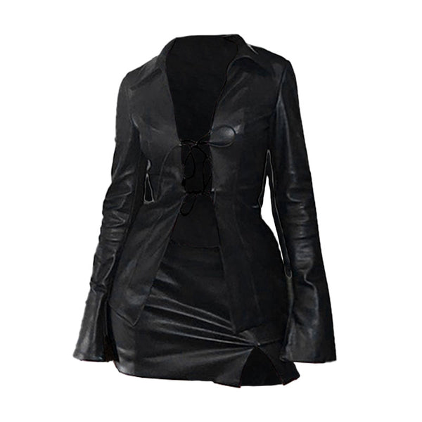 Ensemble mini-jupe à nouer en cuir PU à manches longues et col rabattu 