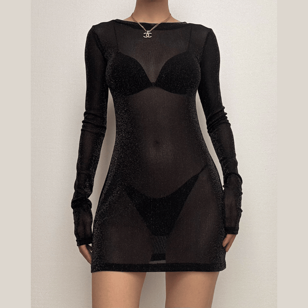 Robe courte à manches longues en maille transparente pailletée | robe samba 