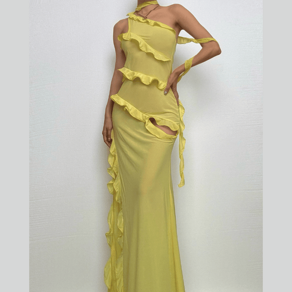 Robe longue asymétrique à volants et fente haute irrégulière | robe de tango rouge 