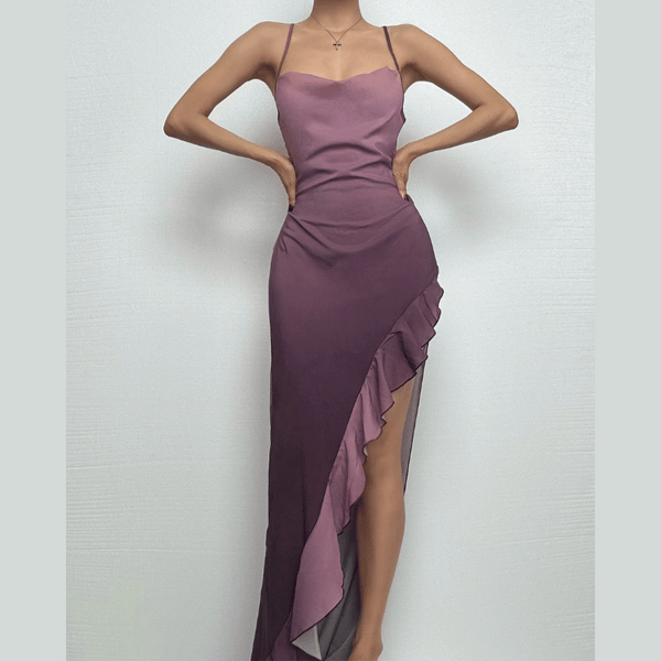 Robe longue à volants transparents et col bénitier dégradé 