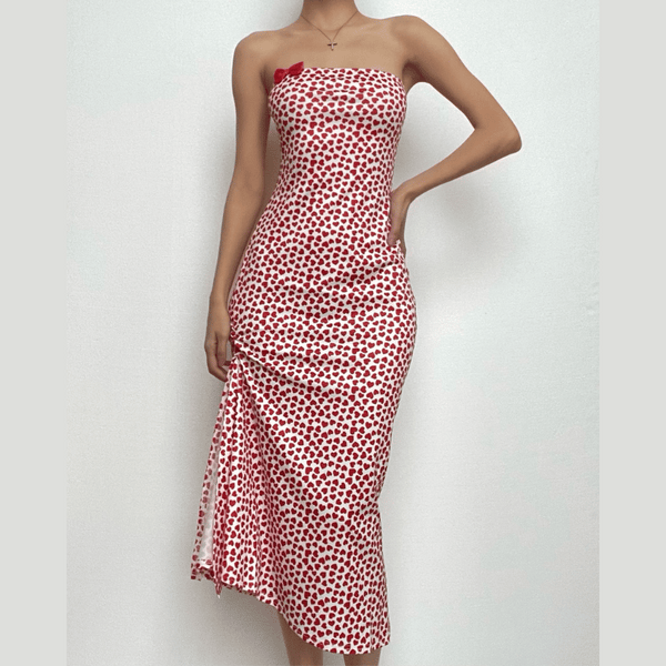 Heart print contrast slit bowknot backless tube midi dress  | red tango dress