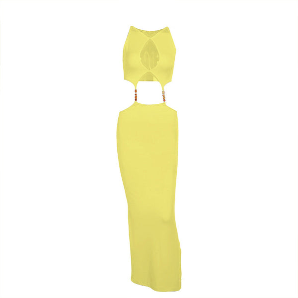 Robe longue ajourée à col en V avec appliques métalliques 
