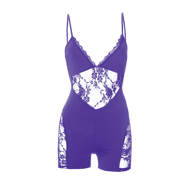Combinaison camisole patchwork à col en V et ourlet en dentelle 