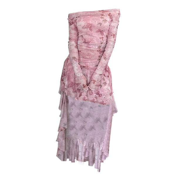 Robe midi en maille à volants et manches longues à épaules dénudées 