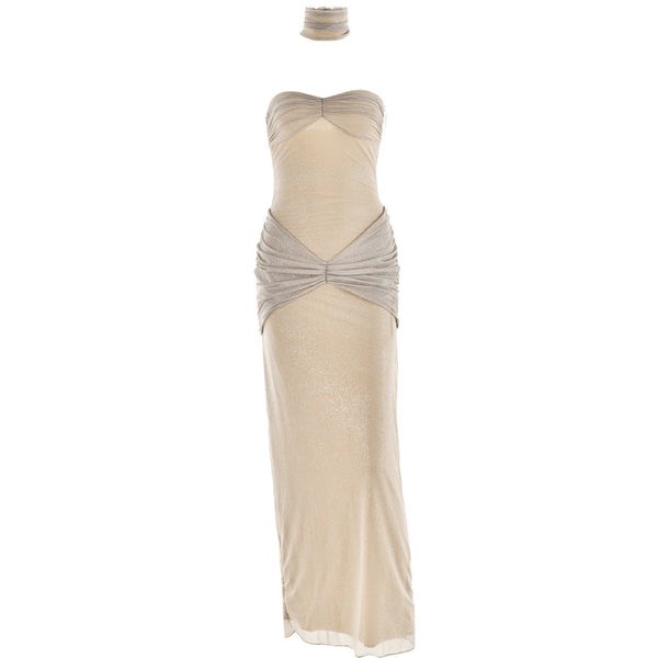 Robe longue tube 2 pièces à paillettes et col en cœur froncé 