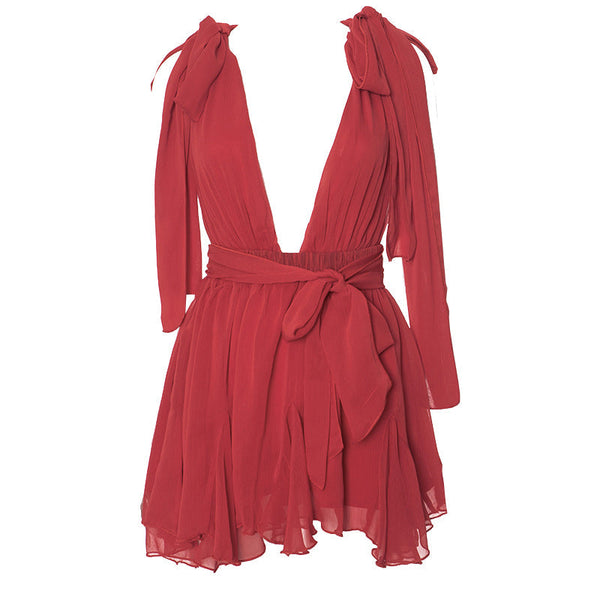 Robe mini en mousseline à décolleté en V profond et dos nu, à volants noués | robe de tango rouge 