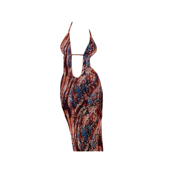 Robe longue imprimée à col en V profond et dos nu 