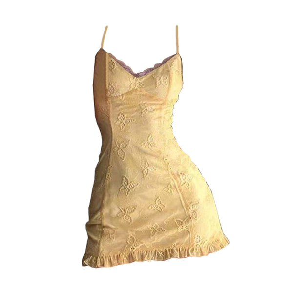 Mini-robe camisole à volants en dentelle et col en V, motif papillon 