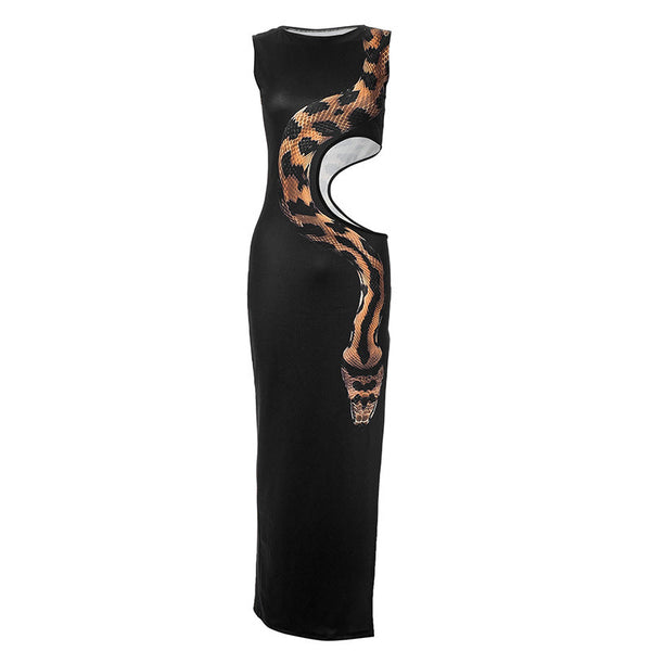 Robe longue sans manches à col ras du cou et imprimé serpent avec fente ajourée 
