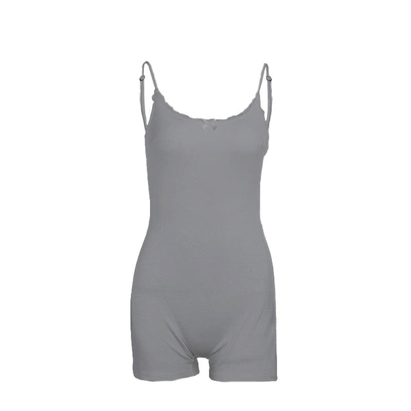Combinaison camisole côtelée avec ourlet en dentelle et nœud papillon 