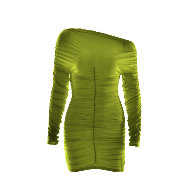 Mini-robe froncée à manches longues et épaules dénudées 