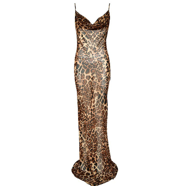 Robe longue camisole en maille transparente à col bénitier et imprimé léopard | robe samba 