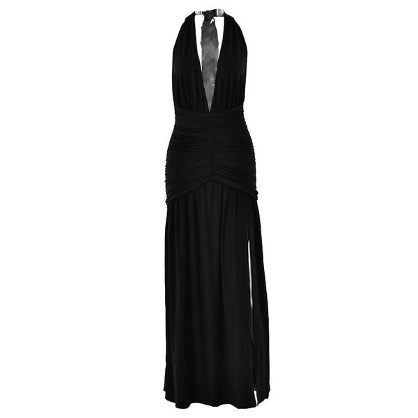 Robe longue dos nu à décolleté en V profond et fente haute 