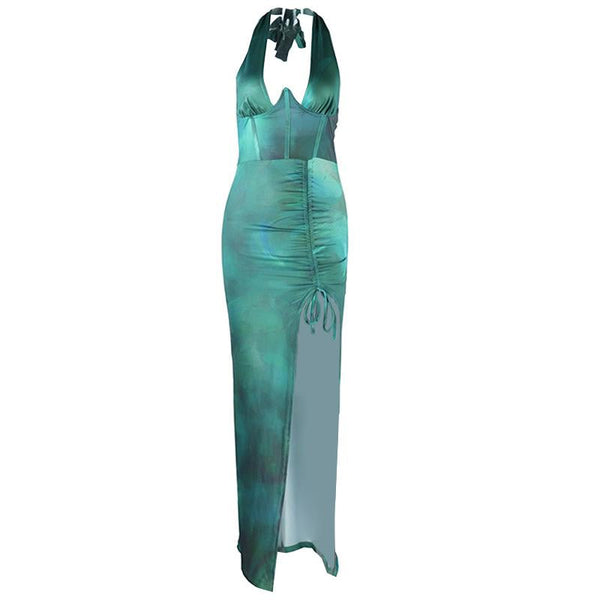 Robe longue à col en V profond et corset à licou avec cordon de serrage et fente froncée 