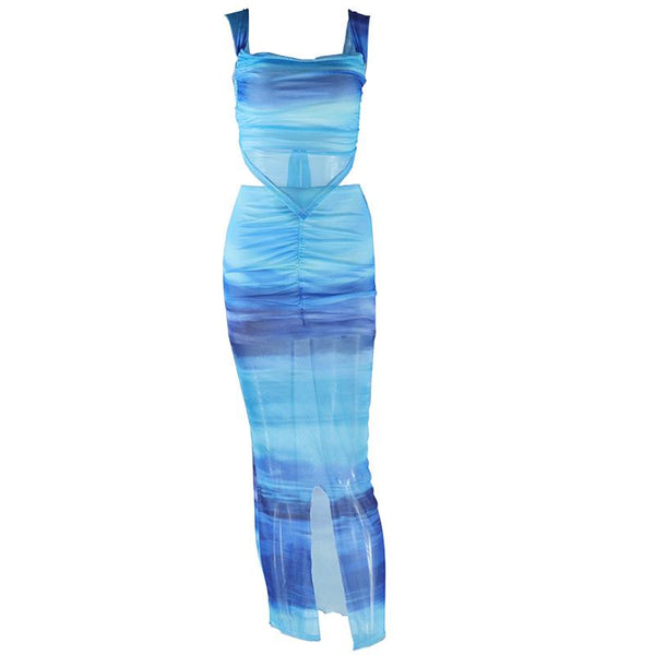 Ensemble jupe midi camisole fendue en maille tie dye à col bénitier et lacets 