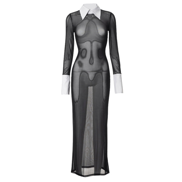 Robe longue transparente en maille à manches longues et col retourné 
