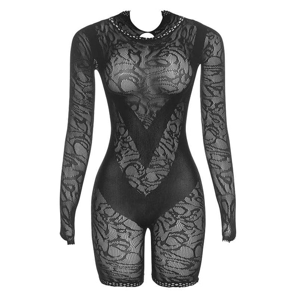 Long sleeve gloves see through fishnet romper