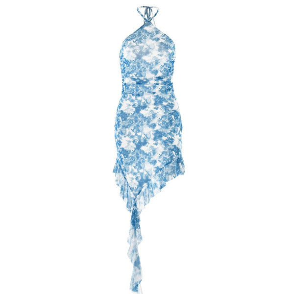 Mini-robe dos nu irrégulière à volants et tie-dye 