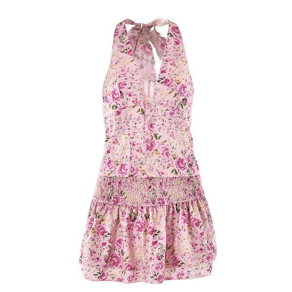 Halter smocked button flower print mini skirt set