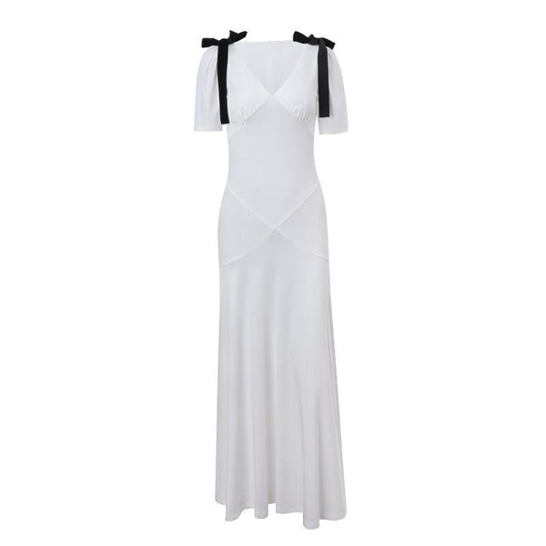 Robe longue à manches courtes bouffantes et col en V avec nœud papillon 