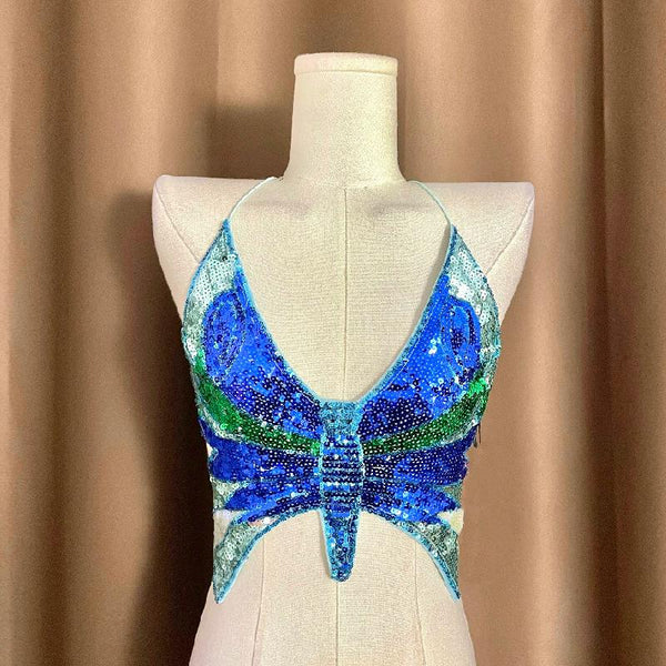 Haut court à paillettes, col en V, motif papillon, à nouer soi-même 
