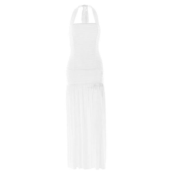 Robe longue unie à dos nu et froncée 