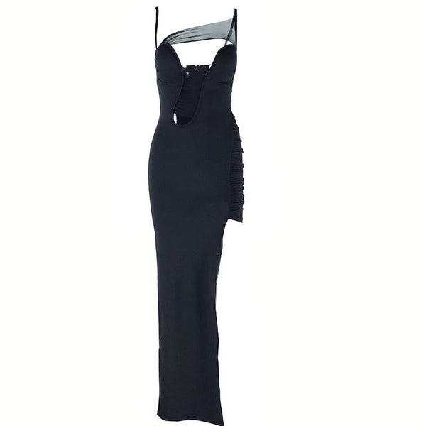Robe longue camisole creuse en maille froncée à fente haute irrégulière 