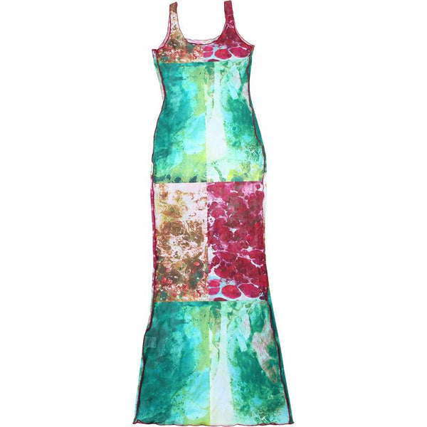 Robe longue à volants en maille transparente et col carré imprimé | Robe Samba 