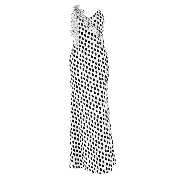 Robe longue à volants et appliques de fleurs à pois 