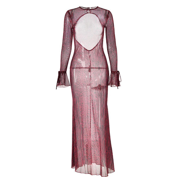 Robe longue dos nu en maille transparente à manches longues évasées et imprimé tigre | robe de tango rouge | robe de samba 