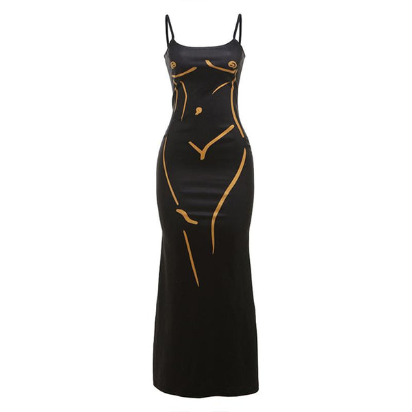 Robe longue à col en U et imprimé corps, dos nu, à bretelles contrastées 