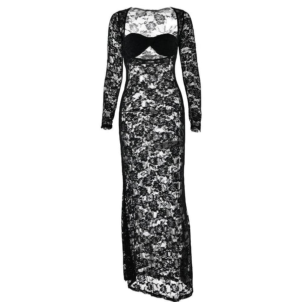 Robe longue à manches longues en dentelle transparente et col en cœur 