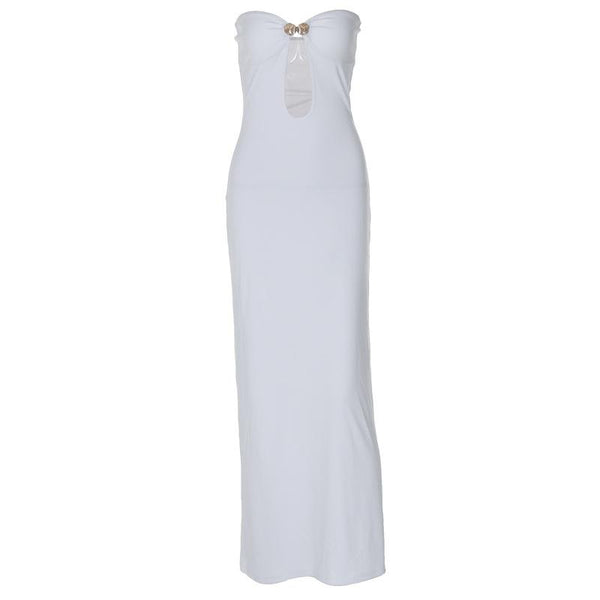 Robe longue tube ajourée à col en cœur et boutons en métal 