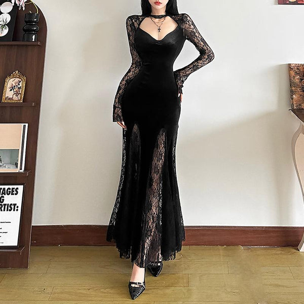 Robe longue patchwork en velours et dentelle à manches longues et col en V 