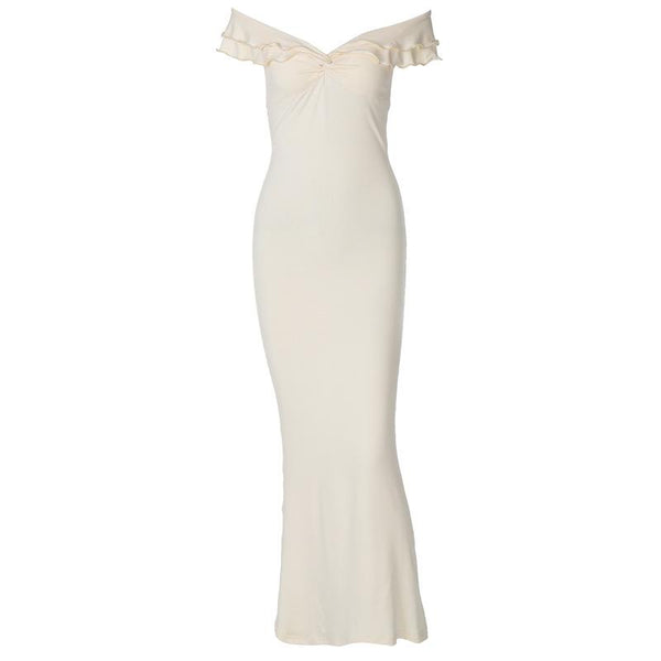 Robe longue froncée à manches courtes et épaules dénudées 