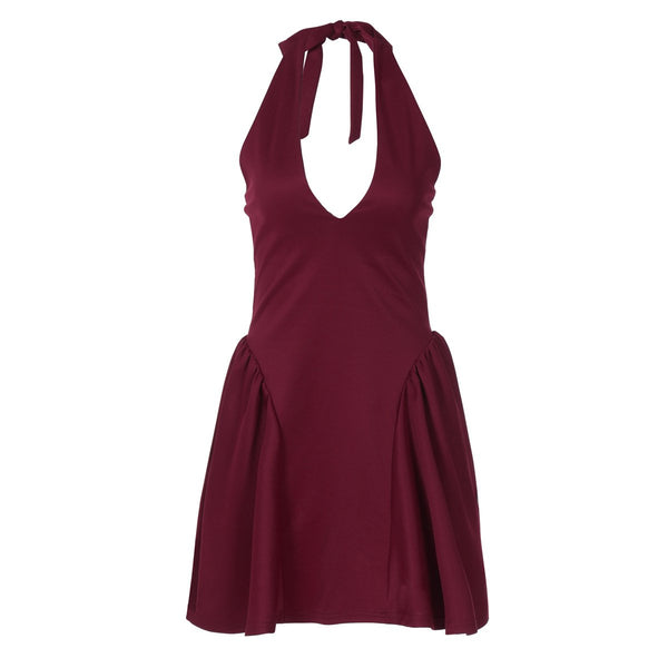 Mini-robe dos nu unie à col en V et licou 