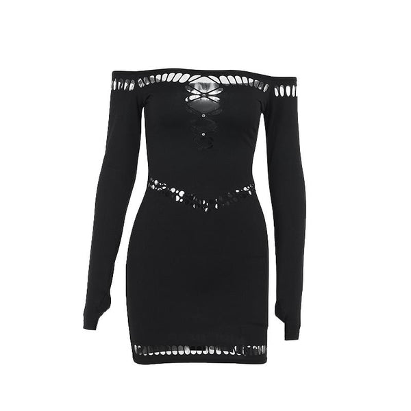 Mini-robe à épaules dénudées et manches longues avec perles ajourées 