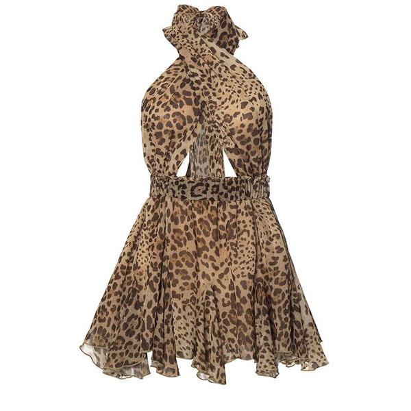Mini-robe à volants et imprimé léopard croisé sur le devant 
