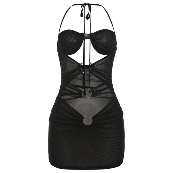 Robe mini froncée ajourée en maille transparente avec licou et lien à nouer | robe samba 