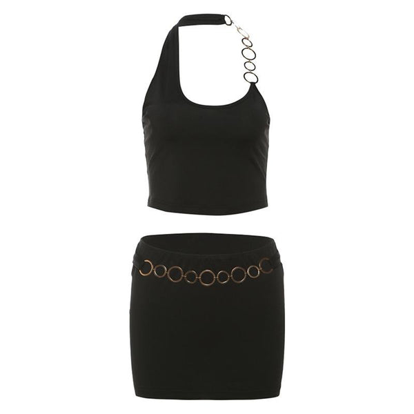 Ensemble mini-jupe à col en U irrégulier et dos nu avec anneau en O 