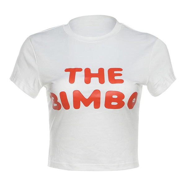 Crop top à manches courtes et col ras du cou avec motif « THE BIMBO » 