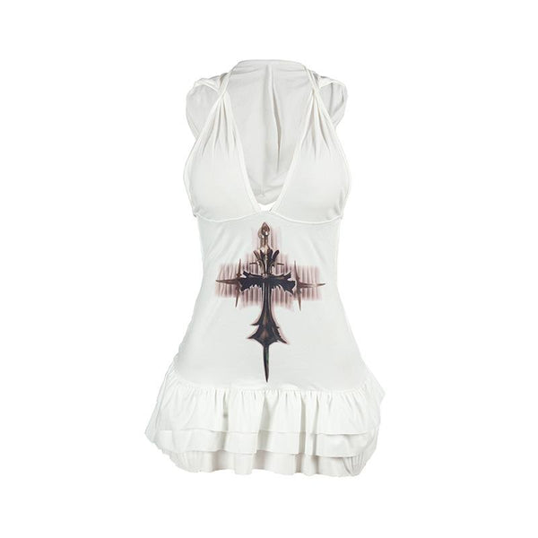 Mini-robe à capuche et col en V, froncée et imprimée croisée 