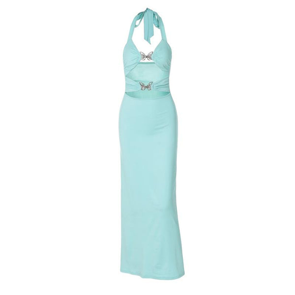 Robe longue ajourée en métal avec papillon et licou 