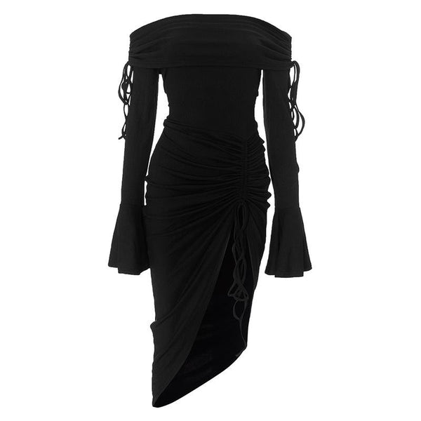 Robe midi à manches évasées, épaules dénudées, fente, froncée, à nouer soi-même 