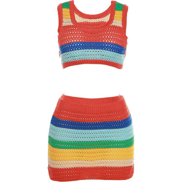 Ensemble mini-jupe courte contrastée en tricot sans manches à col en U 