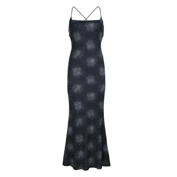 Robe longue dos nu à imprimé croisé | Robe noire rave 