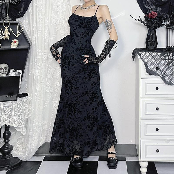 Robe longue camisole zippée en maille dos nu froncée 